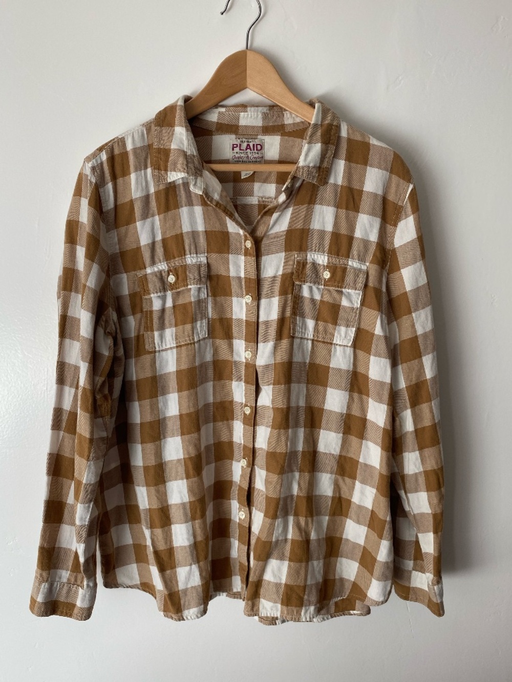 Vintage Y2K Old Navy Tan Plaid Flannel 100% Cotton Button Down Top Sz XL Womens